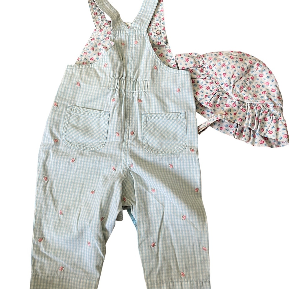 Gymboree Aqua Gingham Pink Floral overalls with Matching Sun Hat Size 6-9mths - Picture 2 of 6